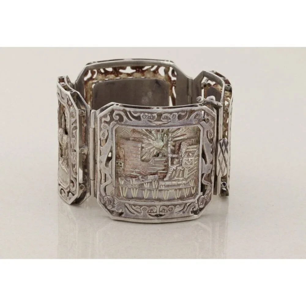 Sterling Silver Aztec Mayan Bracelet 6 3/4" inch - Picture 6 of 9